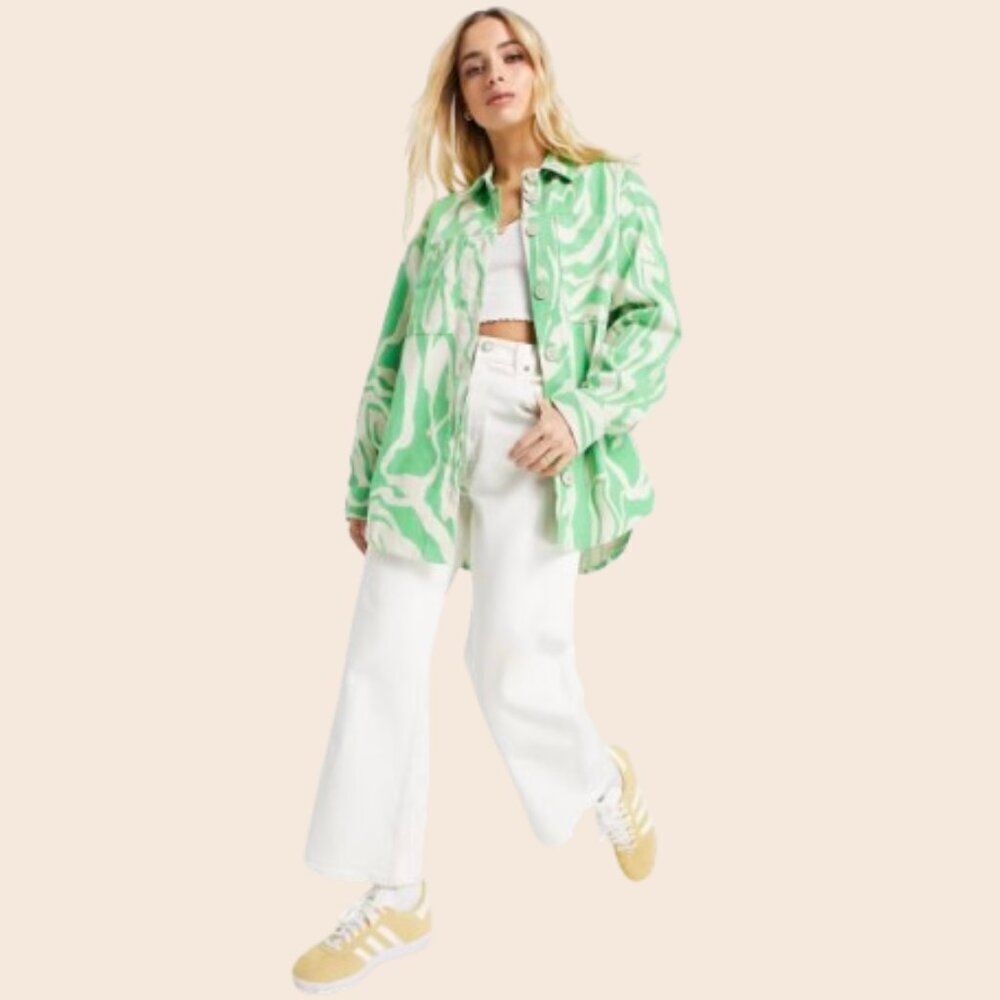 Monki Cotton Twill Swirl Print Shirt in Green Size Small - Picture 2 of 13